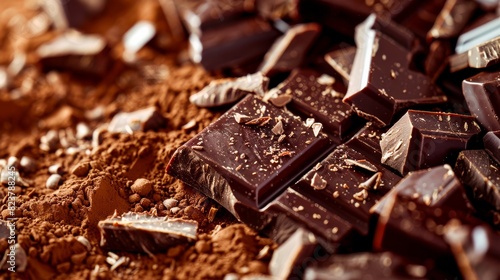 Close up of Chocolate bar with pieces on large mass of cacao powder photo