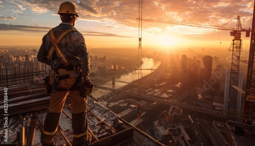 Construction worker standing on a building under construction and looking at the sunset. photo