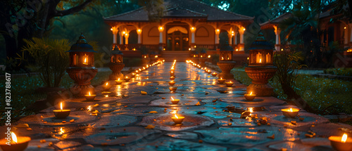 A pathway lit by rows of oil lamps for Eid-al-Adha