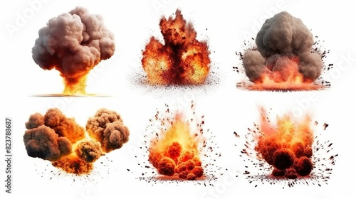 Abstract background with fiery explosions set. Glowing bomb explode throwing with dust clouds and sparks. Destruction burst with fire energy. Header illustration for banner design. Generative AI.