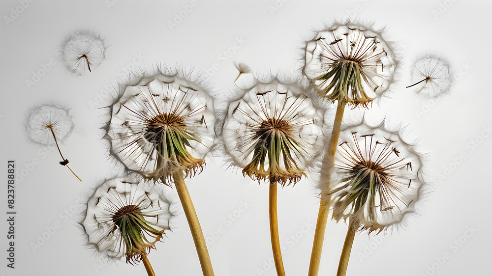 Obraz premium White fluffy airy dandelions on a white background, selective focus. nature illustration