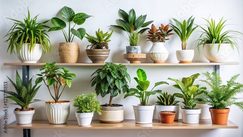 A collection of exotic houseplants in ceramic pots displayed on a white shelf against a white wall 