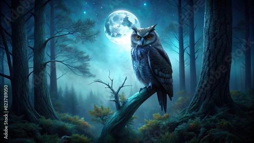 A majestic owl perched on a tree branch in a misty forest illuminated by a full moon at night 