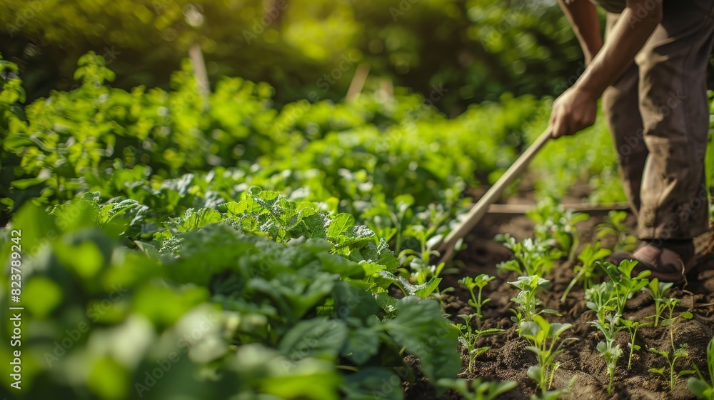 Person tending to a lush vegetable garden with a hand tool, focusing on green plants growing in neat rows bathed in sunlight. Person tending to a lush vegetable garden with a hand tool, focusing on green plants growing in neat rows bathed in sunlight.