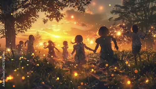 A group of children are running through a forest by AI generated image