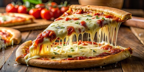 A mouthwatering slice of pizza with gooey, stretchy cheese against a background  photo