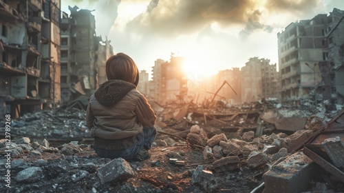 A child playing in a destroyed city.