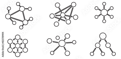 Chemistry and science black vector icon set Line Art. Test tubes, microscope, atom and molecule symbols.