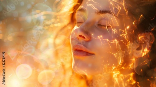 Serene woman with closed eyes engulfed in warm light and bokeh effects, symbolizing peace, tranquility, and inner radiance.