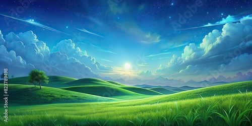A tranquil green grass field on rolling hills under a clear blue sky with fluffy clouds 