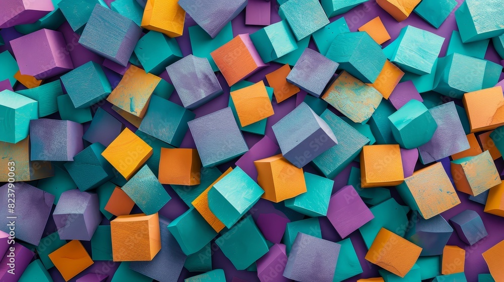 Vibrant abstract 3D cubes in blue, orange, and purple creating a colorful and dynamic geometric pattern. Vibrant abstract 3D cubes in blue, orange, and purple creating a colorful and dynamic geometric pattern.