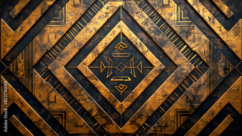 The image features a pattern of gold and black triangles set against a dark background. The triangles have a weathered, golden appearance photo