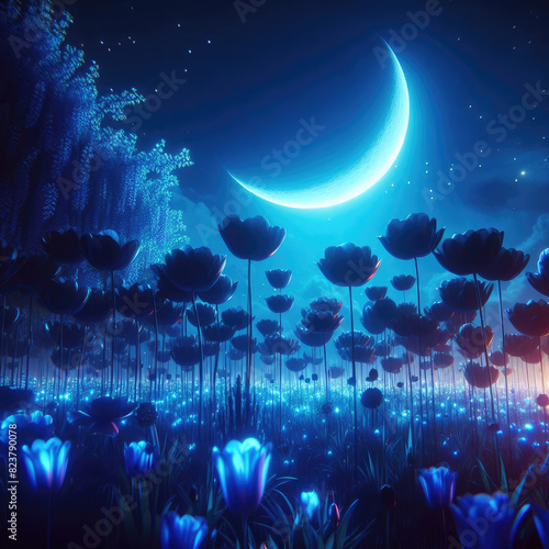 Generative AI Captivating CGI digital cinematic anime image blends vibrant colors with somber tones, The scene is illuminated from below, dramatic light across the landscape. blue full moon backlights photo