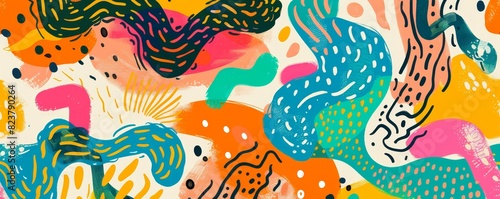 Vibrant abstract artwork with colorful shapes and patterns, featuring bold brush strokes, wavy lines, and dynamic compositions.