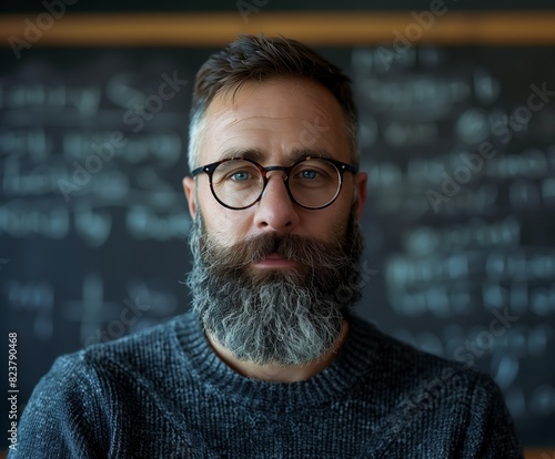 Thoughtful Female Teacher with Glasses Against Blackboard in Classroom
