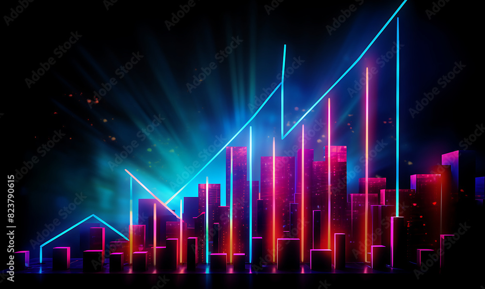 Naklejka premium Neon business graph, a fresh approach to business analysis and research, It means to thrive and grow