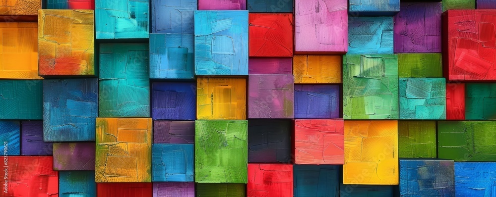 Vibrant abstract geometric squares in a colorful mosaic pattern. Blocks of various hues and shades create a lively and artistic visual display. Vibrant abstract geometric squares in a colorful mosaic pattern. Blocks of various hues and shades create a lively and artistic visual display.