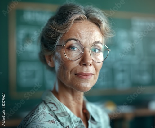 Mature Female Teacher with Glasses Smiling in Classroom on Teacher's Day