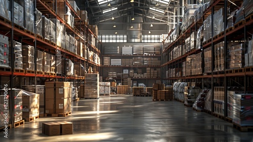 A warehouse with a lot of boxes and pallets