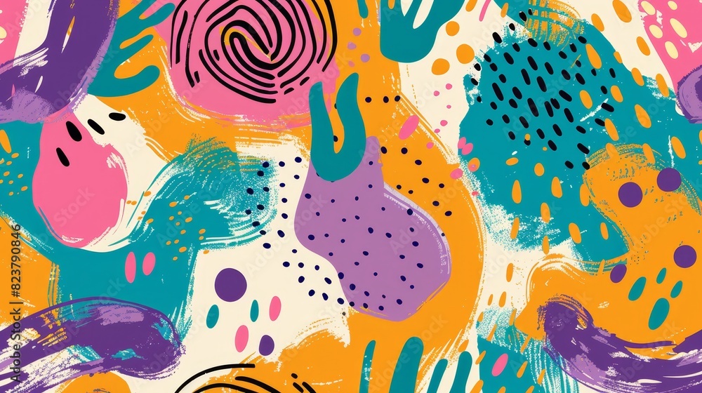 Vibrant abstract pattern with colorful shapes and brushstrokes. Ideal for backgrounds, textiles, and modern design projects. Vibrant abstract pattern with colorful shapes and brushstrokes. Ideal for backgrounds, textiles, and modern design projects.