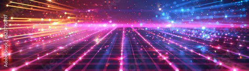 Vibrant digital landscape showcasing colorful neon lights and futuristic grid pattern, perfect for technology, innovation, and digital themes.