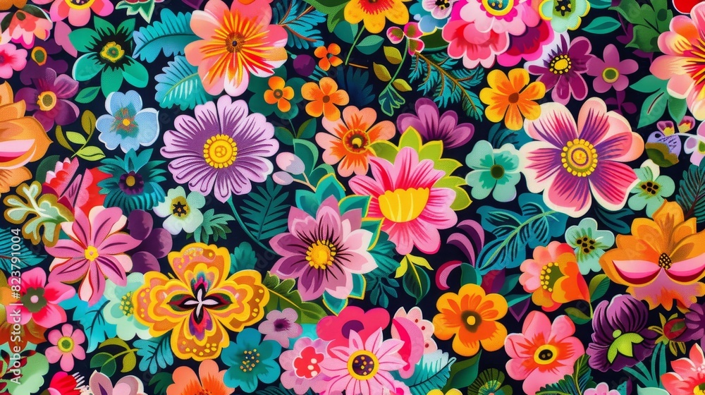 Vibrant floral pattern with diverse colorful flowers on a dark background, perfect for spring or summer designs and backgrounds.