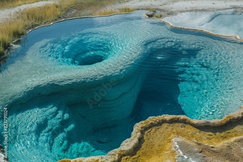 Stunning view of a vibrant blue geothermal hot spring with intricate mineral formations
