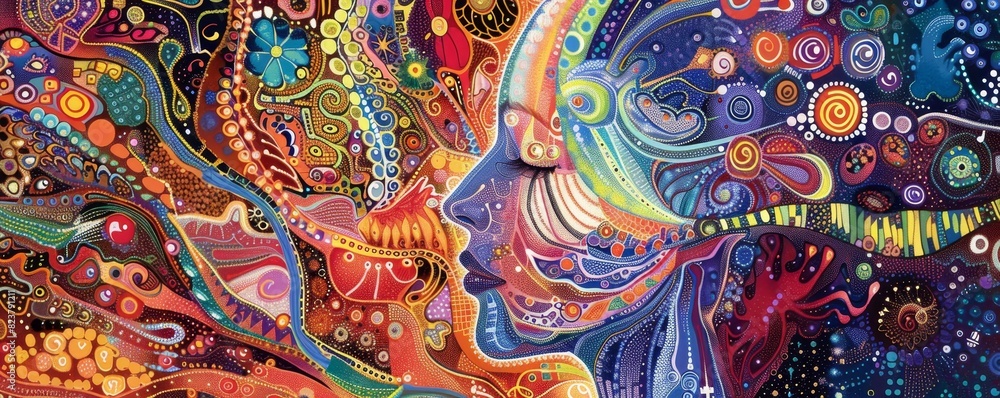 Vivid abstract illustration depicting colorful patterns, mystical elements, and a mesmerizing array of shapes and colors in psychedelic style. Vivid abstract illustration depicting colorful patterns, mystical elements, and a mesmerizing array of shapes and colors in psychedelic style.
