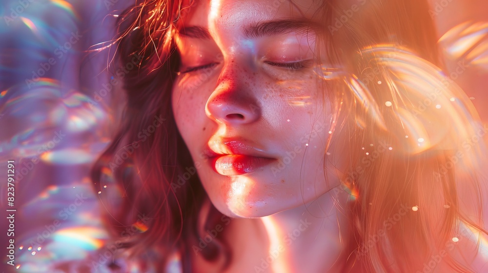 Obraz premium Young woman with closed eyes in dreamy, ethereal light. Soft colors and gentle hues evoke a sense of calm and introspection.