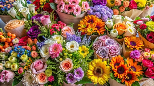 Assorted bouquets of various flowers on a background