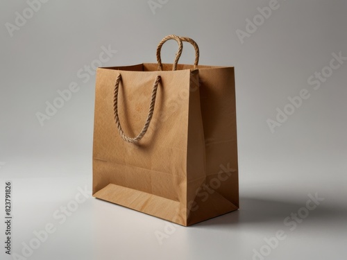 Rectangular brown paper bag made of natural kraft paper material with handles. Layout, advertising. Place for text. Eco-friendly consumption. Caring for the environment