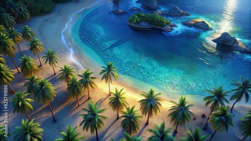 Beautiful aerial view of a sandy beach shore with crystal clear blue waters and palm trees 