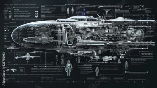 Fototapeta Naklejka Na Ścianę i Meble -  Detailed blueprint of a spaceship featuring a diagram of its various parts and components for construction and assembly.