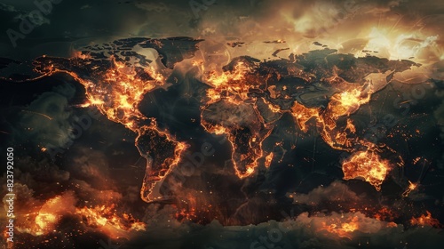 A world map in war with military targets where explosions, fire and bombings occur. Hot atlas for climate change and danger of conflict between countries continents. photo