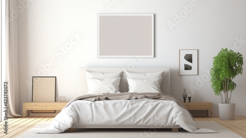 A white empty blank frame mockup mounted on a white wall in a modern bedroom, with a comfortable bed and natural light.