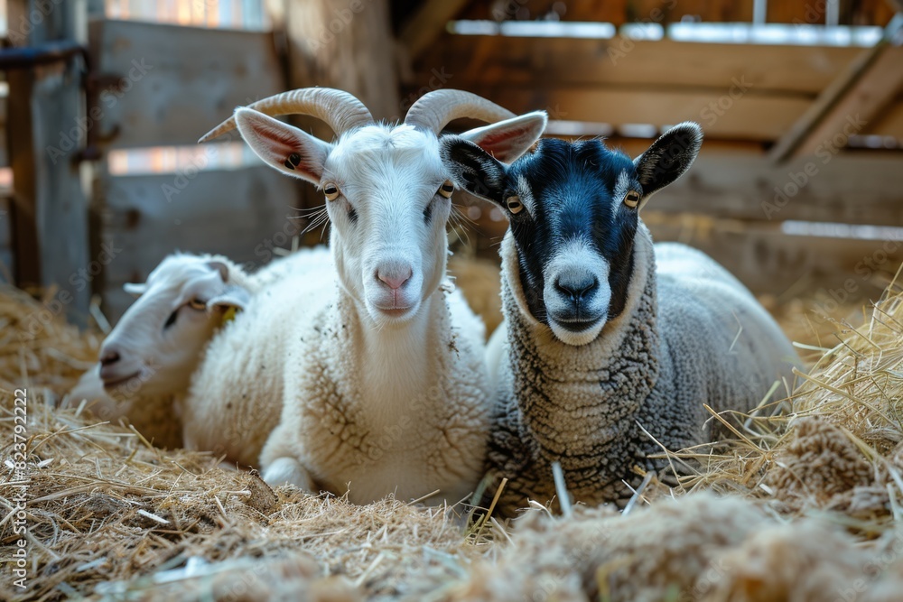 Naklejka premium goat and sheep in farmyard