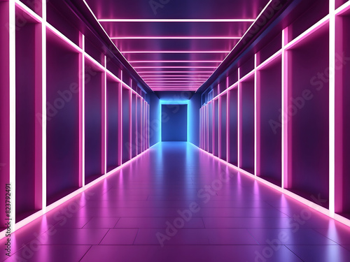 Neon light of Modern design., flight forward through the square corridor, appearing glowing pink-blue lines, ultraviolet spectrum., 3D Rendering