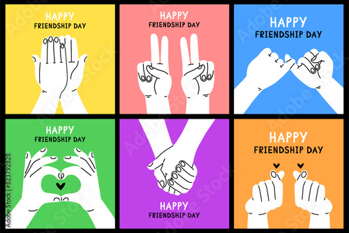 A set of six bright cartoon flat style friendship posters with hands. Friendship card design. International Friendship Day