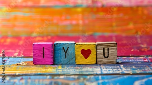Wooden blocks with text I love you on colorful background photo