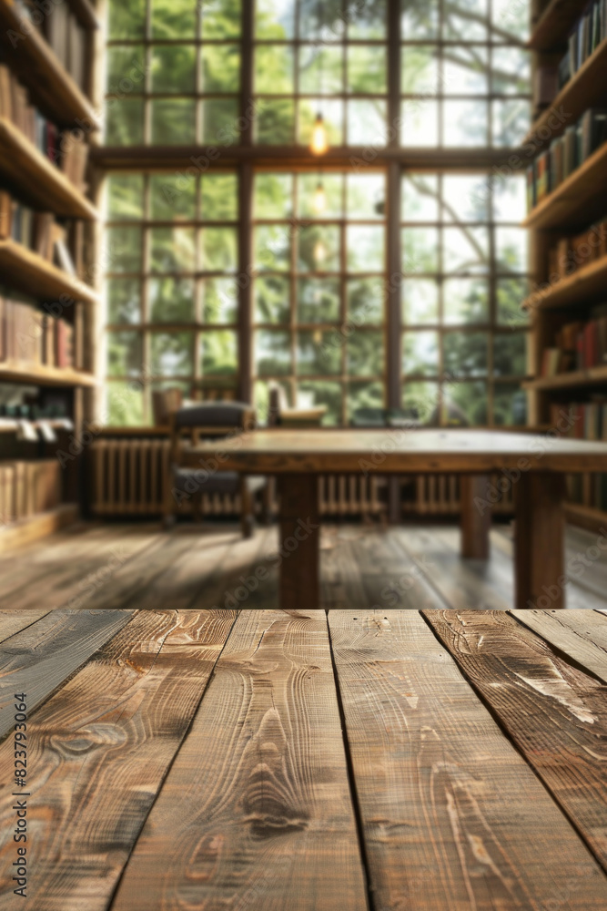 A wooden table in the foreground with a blurred background of a library reading room. The background features tall bookshelves filled with books, comfortable reading chairs and large windows A wooden table in the foreground with a blurred background of a library reading room. The background features tall bookshelves filled with books, comfortable reading chairs and large windows