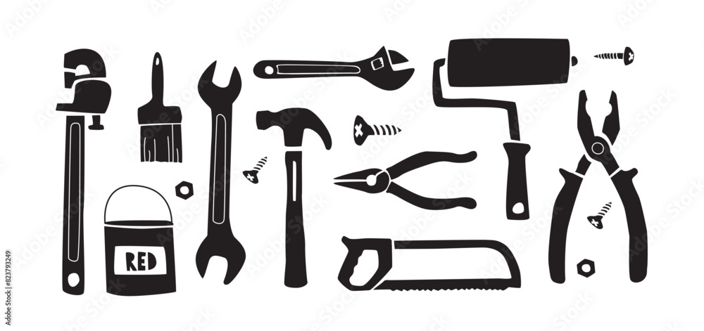 A haushold Tools set in doodle style. Hand drawn illustration of different type of equipment for repair like a Hammer, Screwdriver, Axe, saw and Drill. A haushold Tools set in doodle style. Hand drawn illustration of different type of equipment for repair like a Hammer, Screwdriver, Axe, saw and Drill.
