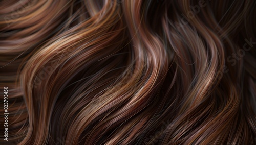 A closeup of wavy, brown hair with highlights, showcasing the texture and shine Generative AI
