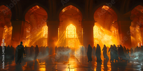 A peaceful scene of worshippers inside a mosque, illuminated by soft lights during Eid-al-Adha, creating a tranquil atmosphere