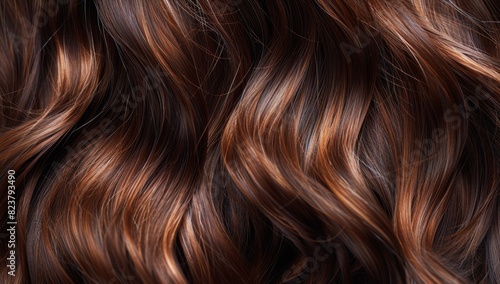 A closeup of wavy  rich brown hair with highlights  showcasing the texture and detail Generative AI