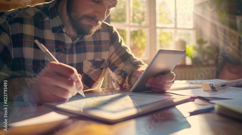 An educational app developer tests a new language learning game on a tablet, surrounded by notes and sketches. The workspace is illuminated by natural daylight, casting soft shadow