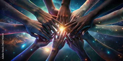 Close up of hands of individuals of various cultures and races intertwined in a gesture of unity and diversity  photo