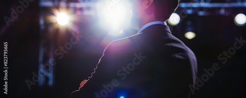 Closeup of a speaker at a formal event, standing confidently under a bright spotlight on stage photo