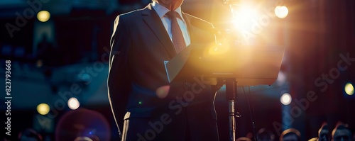 Closeup of a speaker at a formal event, standing confidently under a bright spotlight on stage photo