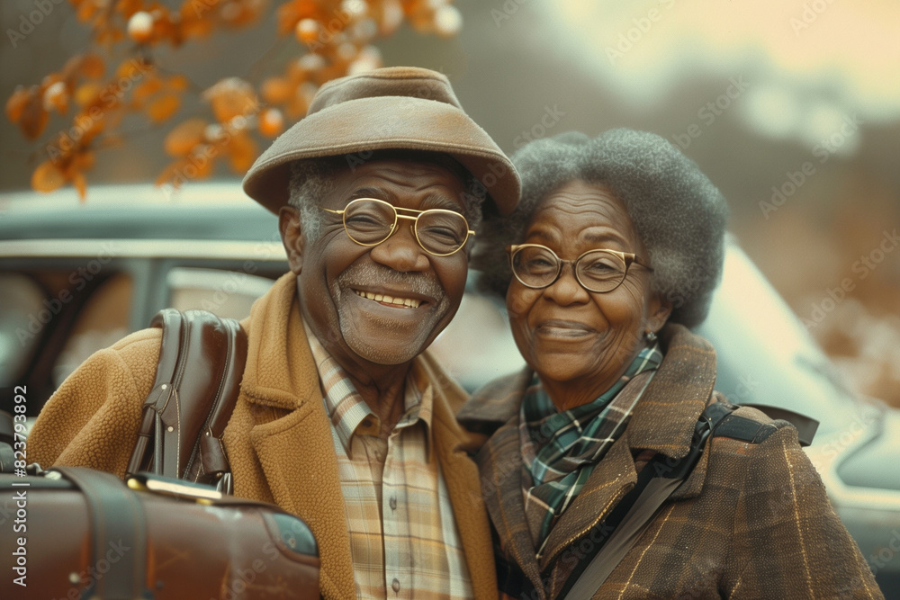 Happy smiling senior elderly Black couple in love posing in front of a car. Fall scenery and car. Road trip.
