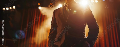 Closeup shot of a presenter standing on a formal stage, highlighted by a single spotlight photo